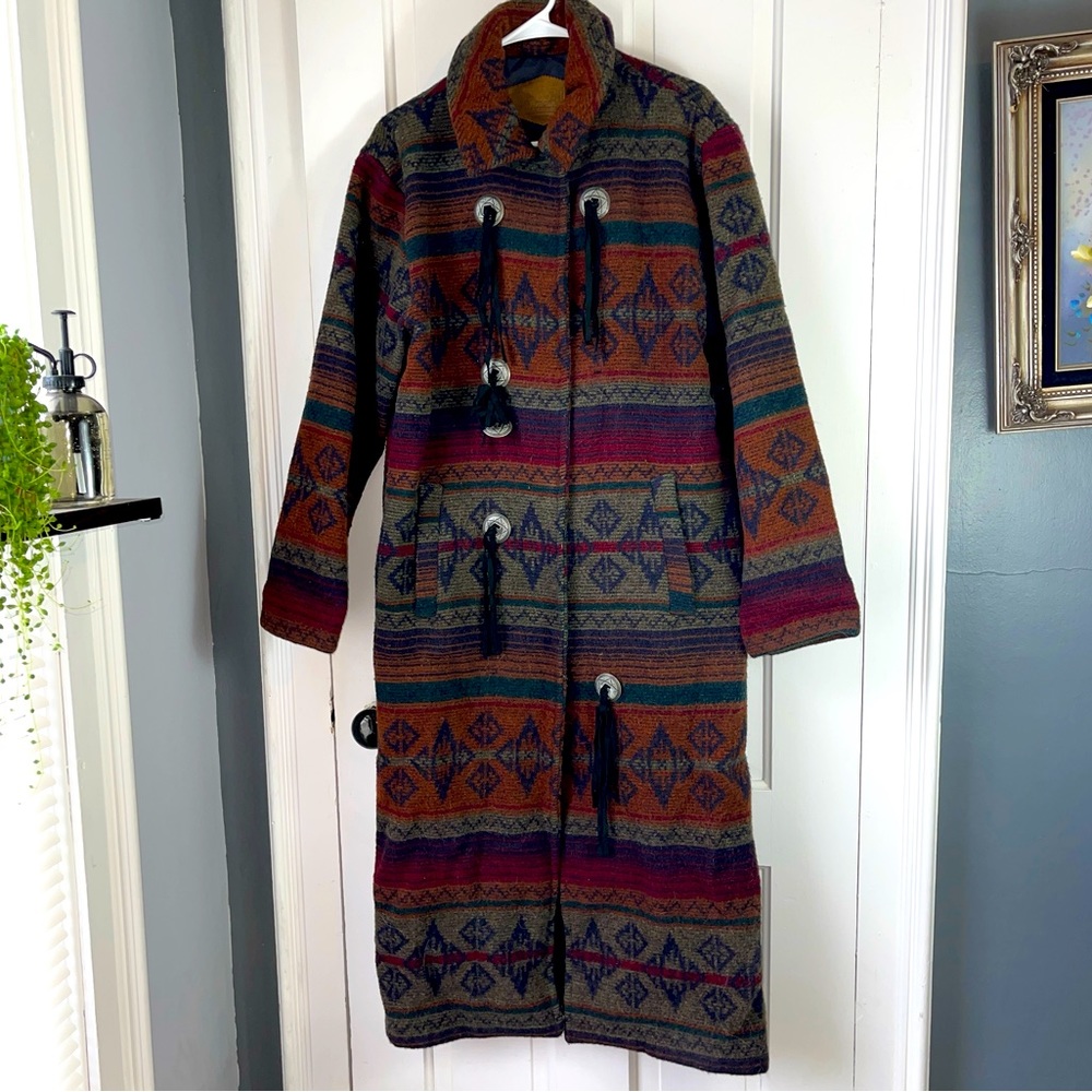 Vintage Woolrich Nordic Navajo Western Long Wool Warm Trench Coat Jacket